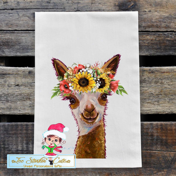 Brown Alpaca with Sunflowers Flour Sack Towel/ Tea Towel