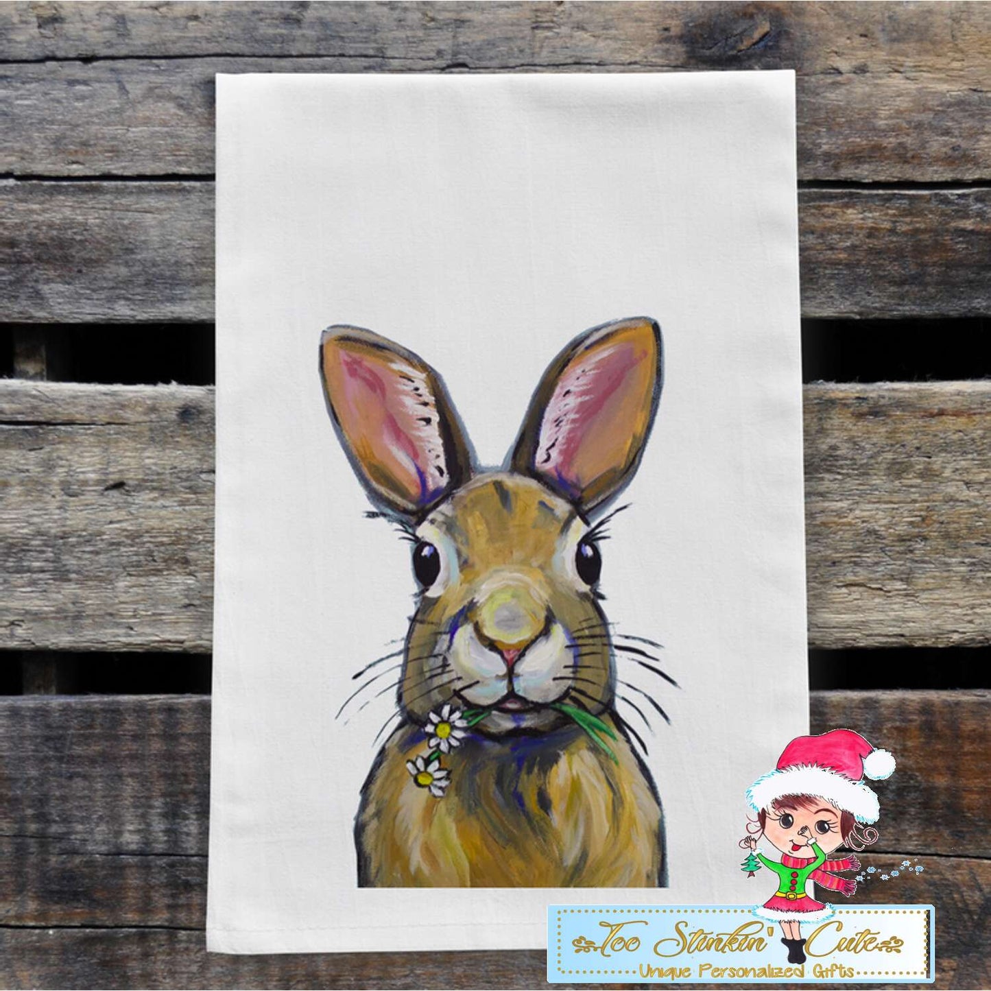 Dark Bunny with White Flowers Flour Sack Towel/ Tea Towel