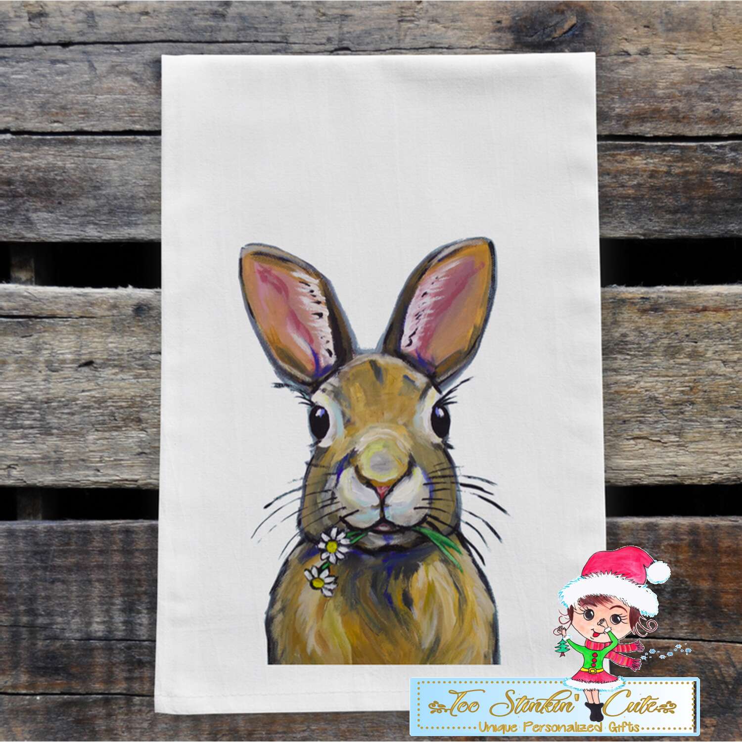 Dark Bunny with White Flowers Flour Sack Towel/ Tea Towel