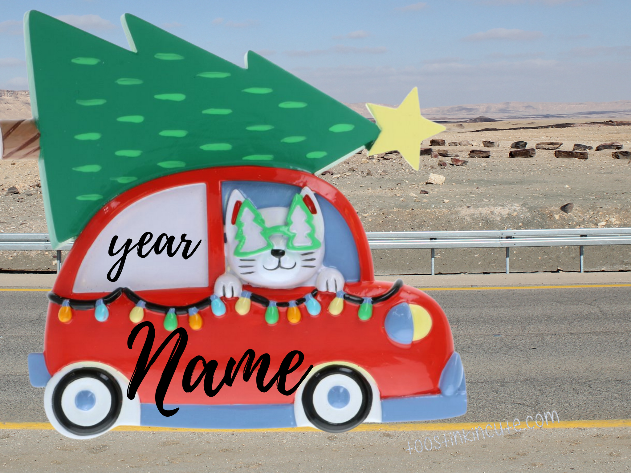 Cat Driving Car w/ Tree Personalized Christmas Ornament (Kitten)