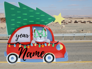 Cat Driving Car w/ Tree Personalized Christmas Ornament (Kitten)