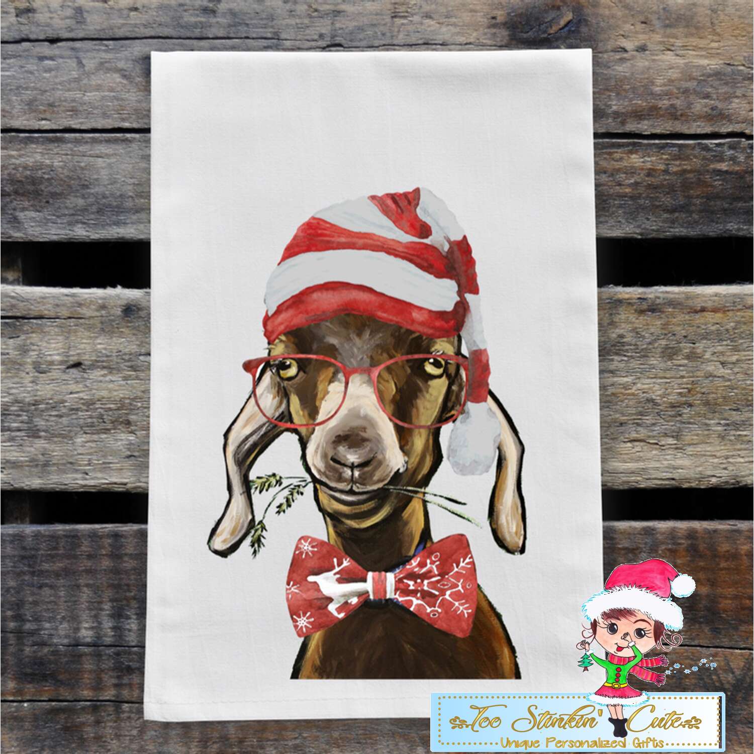 Christmas Goat with Tie and Glasses Flour Sack Towel/ Tea Towel
