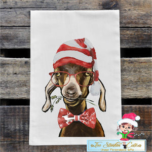 Christmas Goat with Tie and Glasses Flour Sack Towel/ Tea Towel