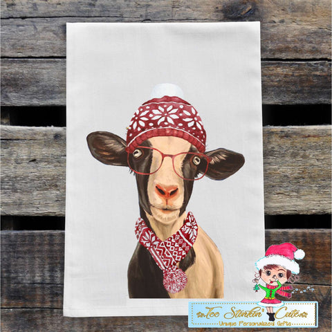 Christmas Goat with Glasses Flour Sack Towel/ Tea Towel