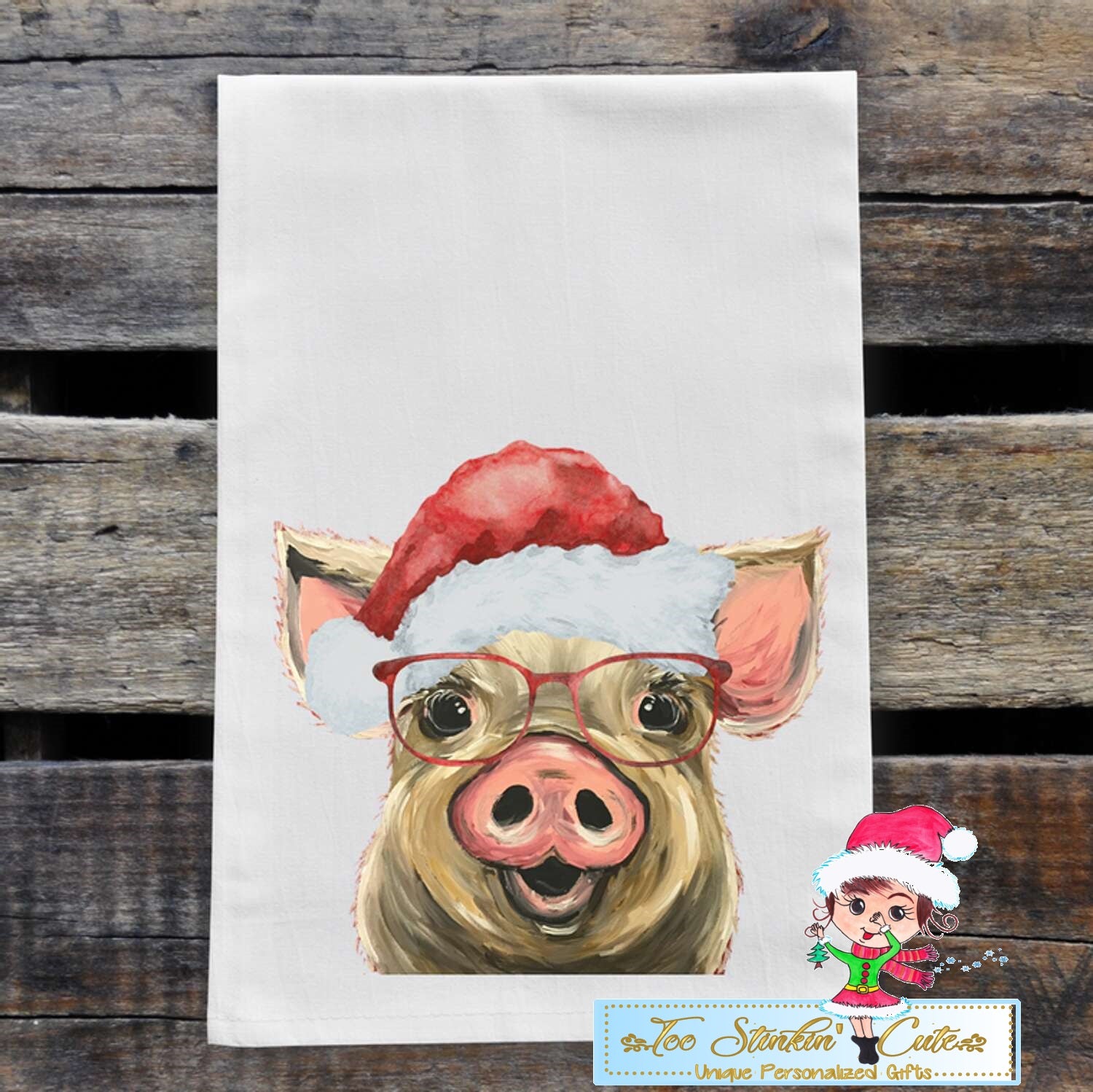 Christmas Pig with Glasses Flour Sack Towel/ Tea Towel