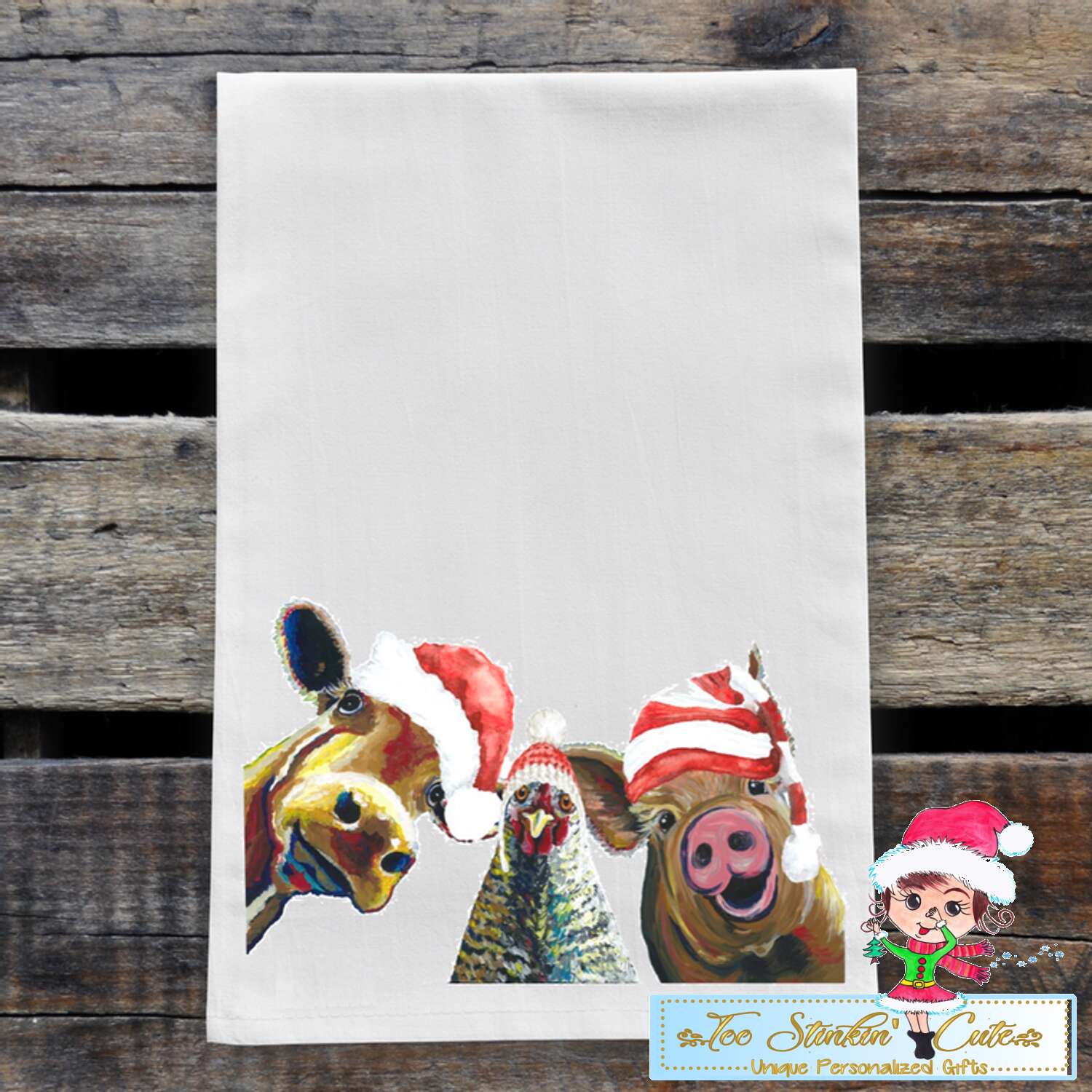 Christmas Trio Cow, Chicken, & Pig Flour Sack Towel/ Tea Towel