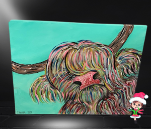 Colorful Highland Cow Hand Painted Acrylic on Canvas Artwork By Cassandra