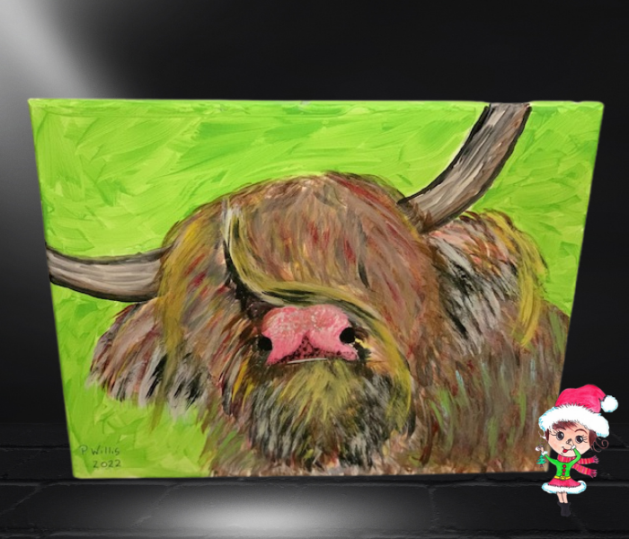 Colorful Highland Cow Hand Painted Acrylic on Canvas Artwork By Phillip