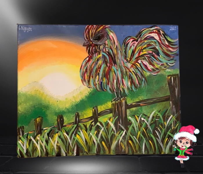 Colorful Rooster Hand Painted Acrylic on Canvas Artwork By Cassandra