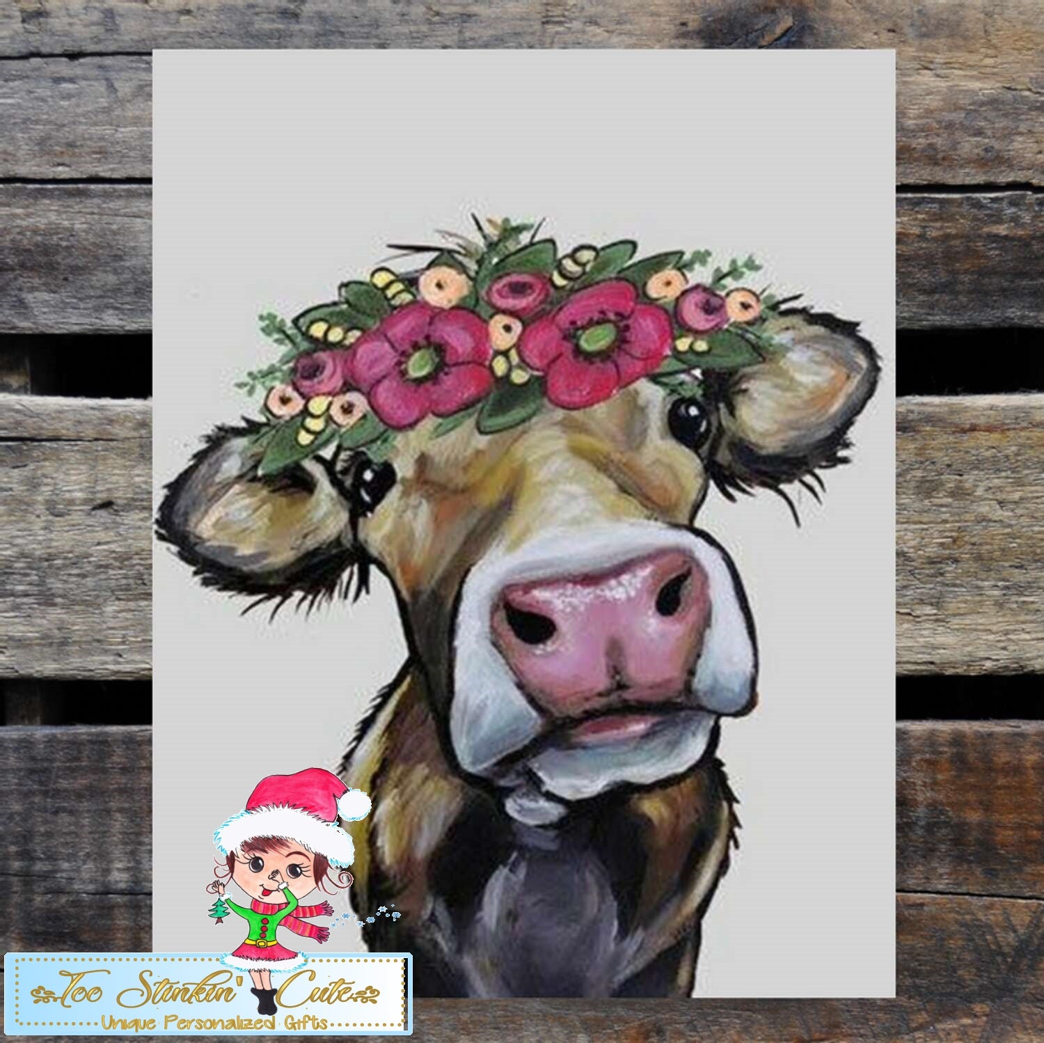 Cow with Pink Flowers Tin Sign