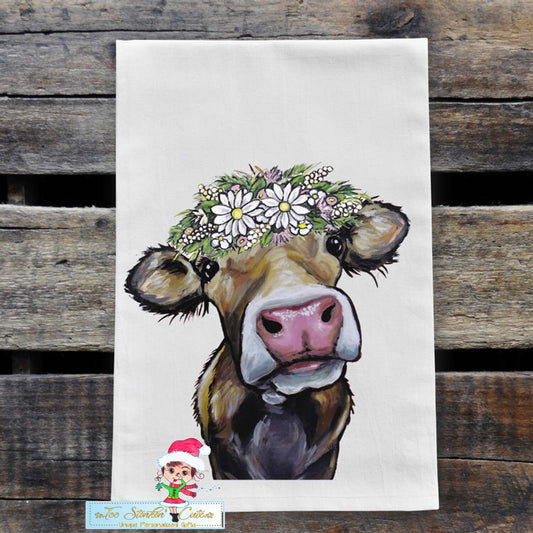 Farmhouse Cow with Daisies Flour Sack Towel/ Tea Towel