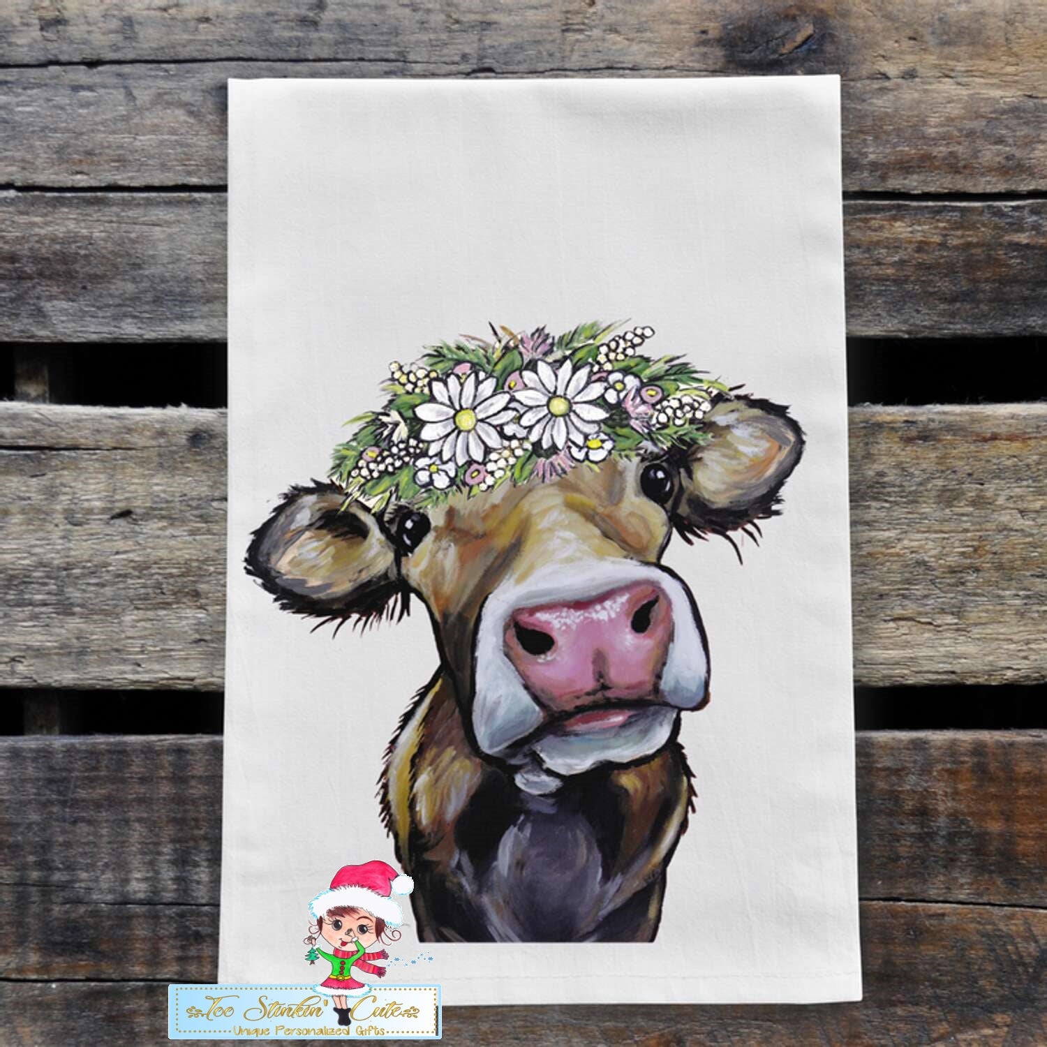 Farmhouse Cow with Daisies Flour Sack Towel/ Tea Towel