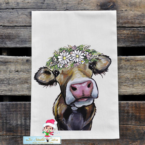 Farmhouse Cow with Daisies Flour Sack Towel/ Tea Towel
