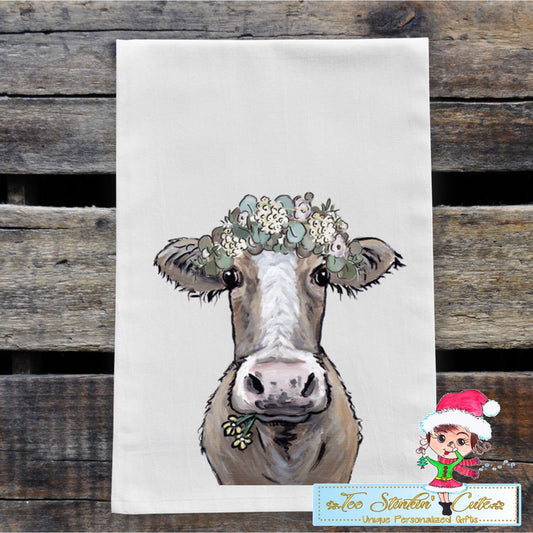 Neutral Cow with Flowers Flour Sack Towel/ Tea Towel