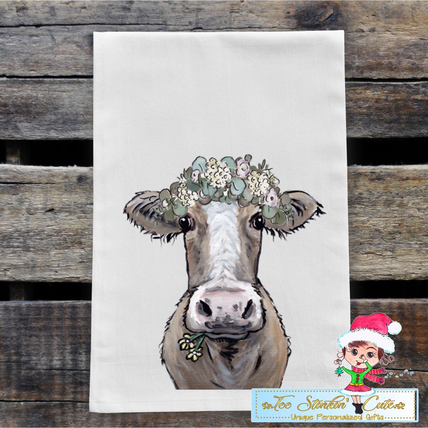 Neutral Cow with Flowers Flour Sack Towel/ Tea Towel