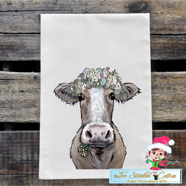 Neutral Cow with Flowers Flour Sack Towel/ Tea Towel