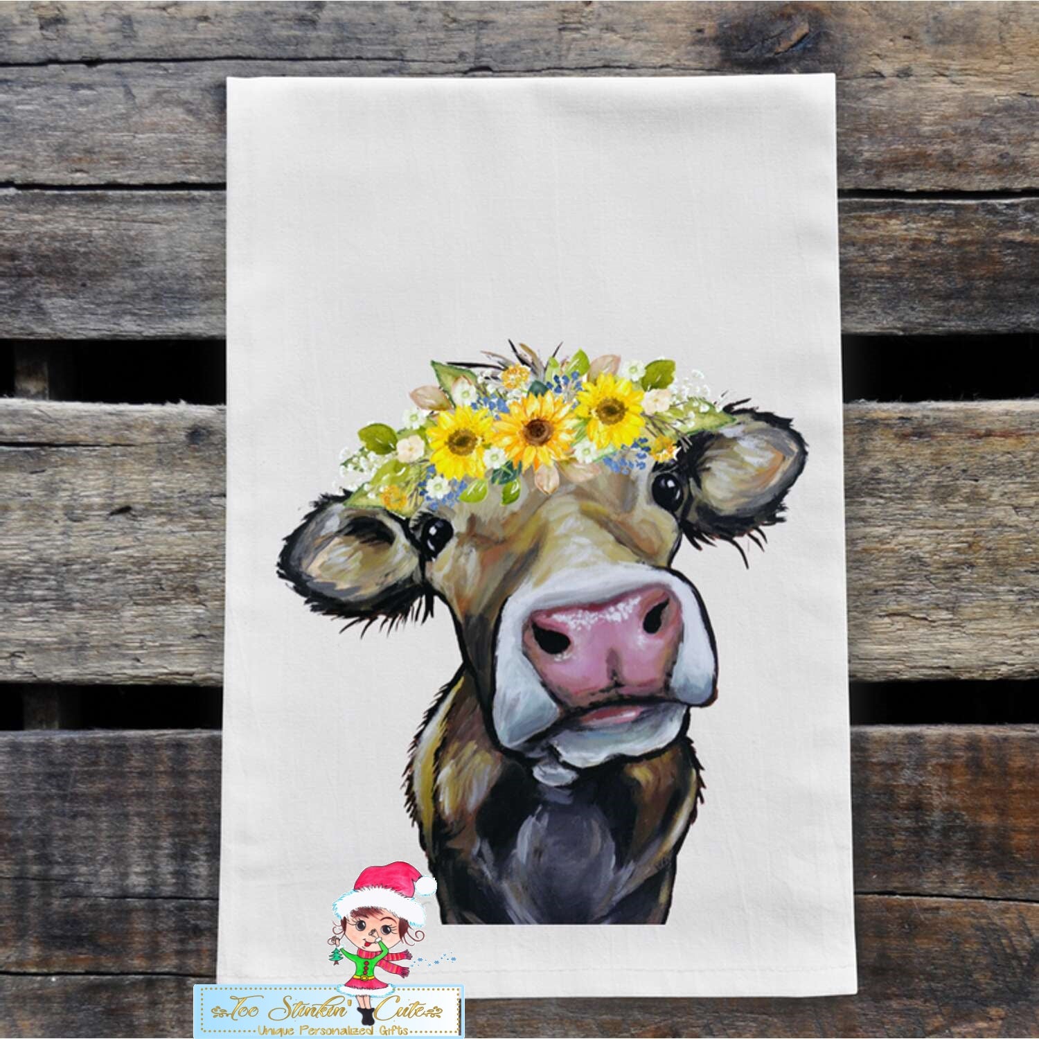 Cow with Yellow Flowers Flour Sack Towel/ Tea Towel