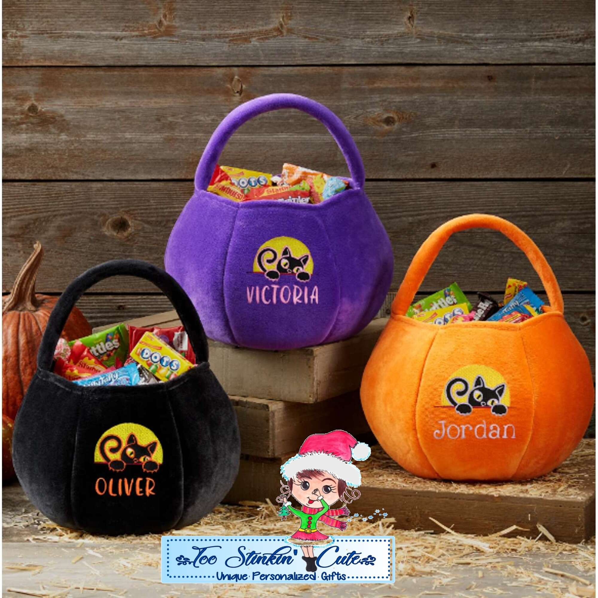 Plush Pumpkin with Cat Personalized Halloween Trick or Treat Bag|Pumpkin Candy Bag|Halloween Tote Bag|Halloween Candy Bag|Treat Bucket