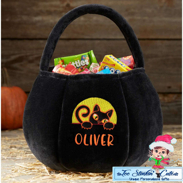 Plush Pumpkin with Cat Personalized Halloween Trick or Treat Bag|Pumpkin Candy Bag|Halloween Tote Bag|Halloween Candy Bag|Treat Bucket