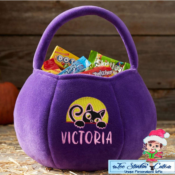 Plush Pumpkin with Cat Personalized Halloween Trick or Treat Bag|Pumpkin Candy Bag|Halloween Tote Bag|Halloween Candy Bag|Treat Bucket