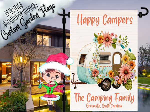 Happier Camper,Happy Camper Flag,Custom Garden Flag,Floral Camper Flag,Campsite Flag,Camping RV Flag,Camping Garden Flag,Camper Garden Flag