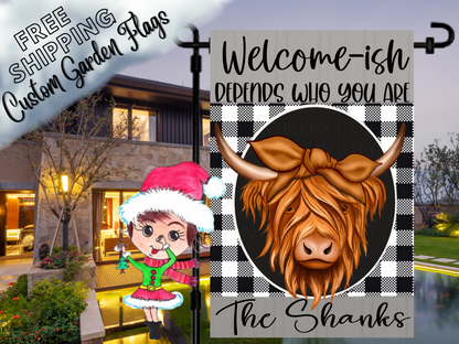 Welcome-ish Highland cow garden flag mockup with brown bow, black-and-white check background and Shanks family name.