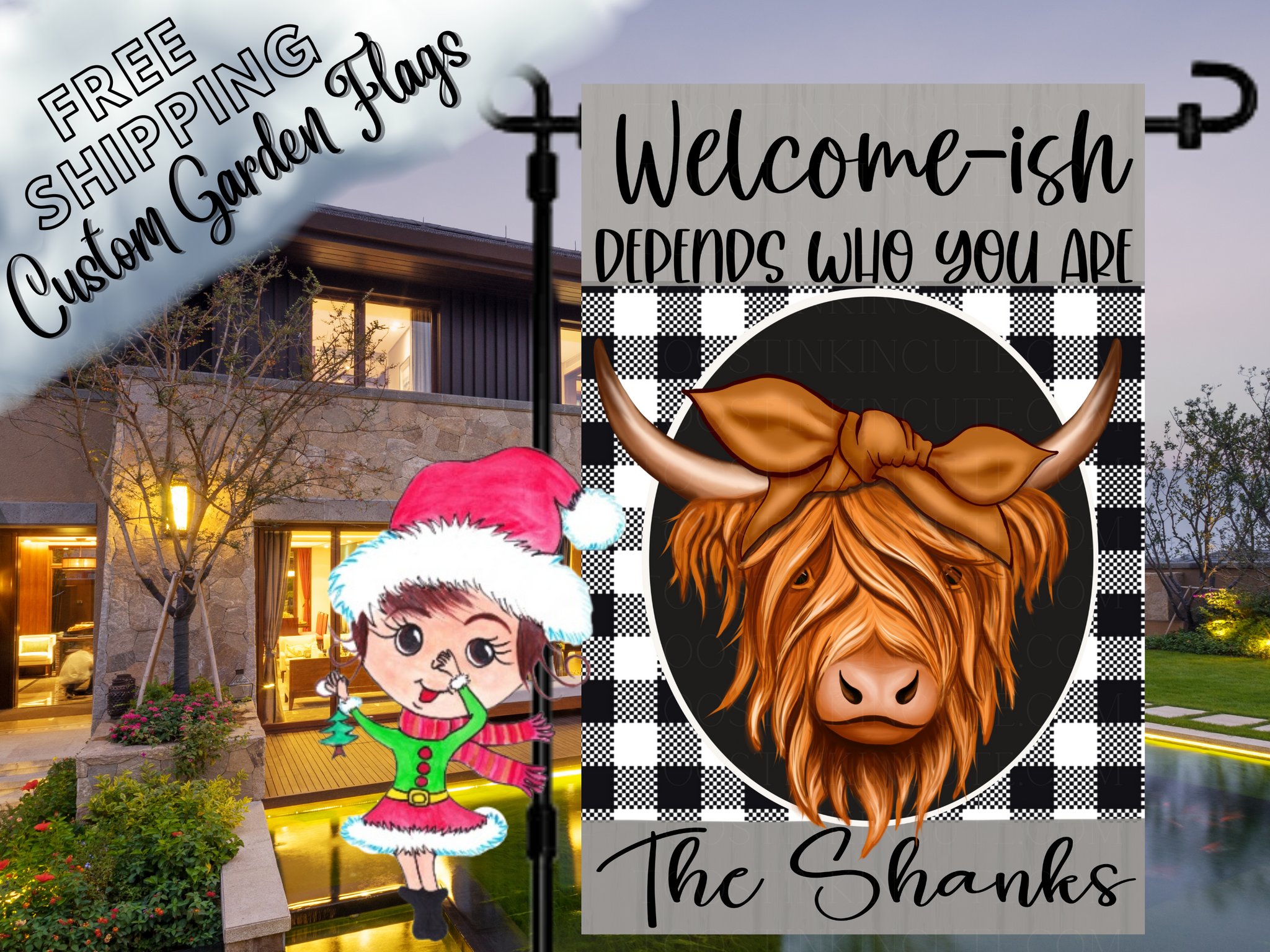 Highland Cow Garden Flag,Cow Flag,Welcome-ish Flag,Family Flag,Custom Flag,Flag for Garden,Fuzzy Cow,Spring Flag,Welcome Flag,Calf Flag