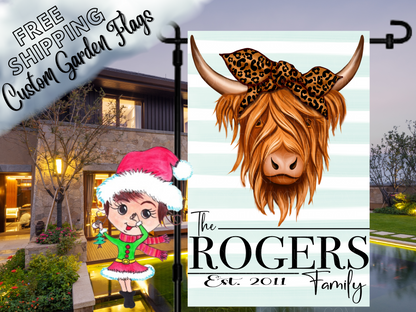 Garden flag mockup with a shaggy Highland cow, leopard-print bow, pale striped background and Rogers family name.