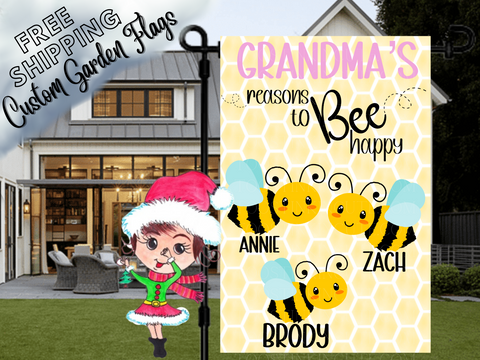 Bumble Bee Garden Flag,Grandma's Reasons to Bee Happy,Grandkid Flag,Family Garden Flag,Flower Garden Flag,Bee Flag,Spring Honeybee Flag