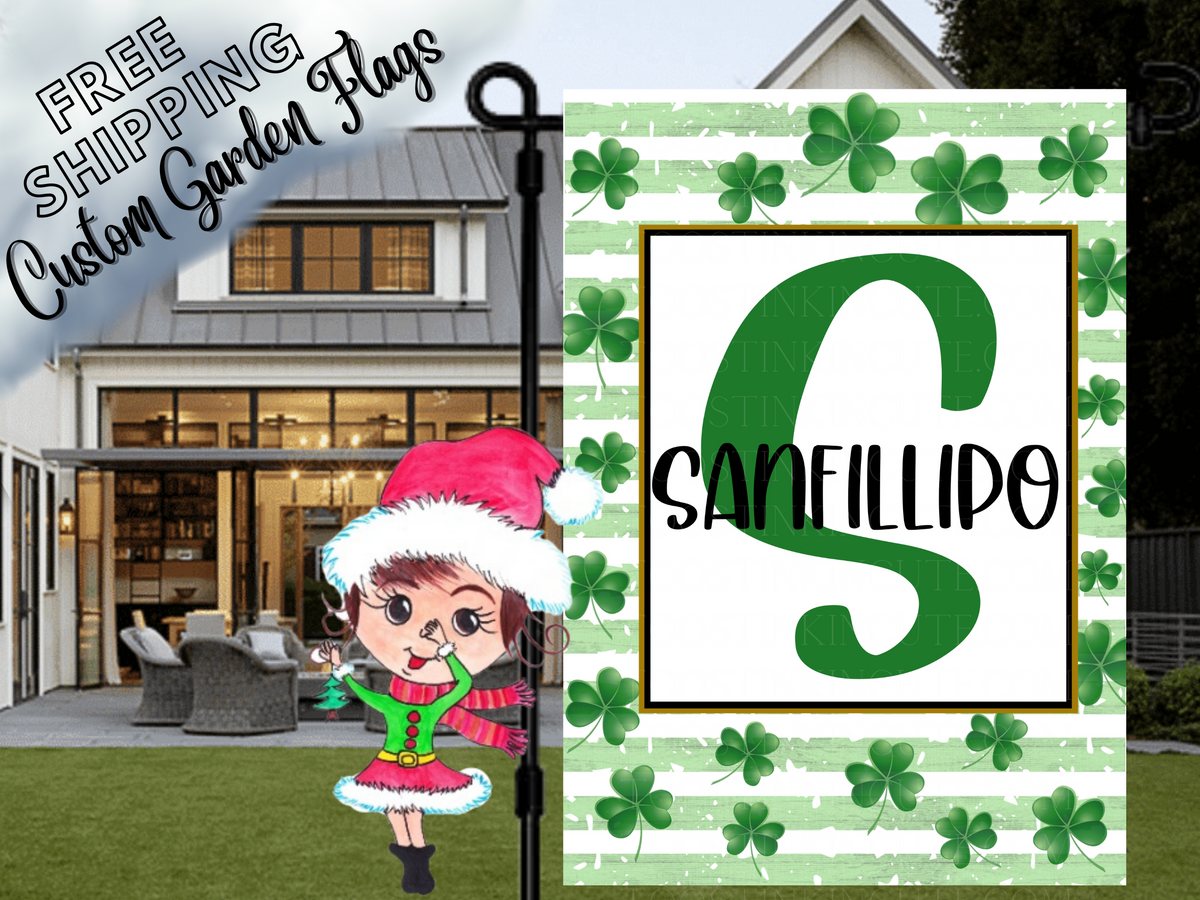 St. Patrick's Day garden flag mockup with green shamrocks, stripes, a large green S and family-name lettering.