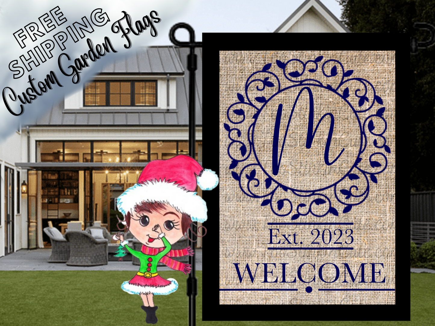 Custom Personalized Blue Monogram Welcome Garden Flag|Monogram Housewarming Flag|Monogram Garden Flag|Burlap Monogram Welcome Family Flag