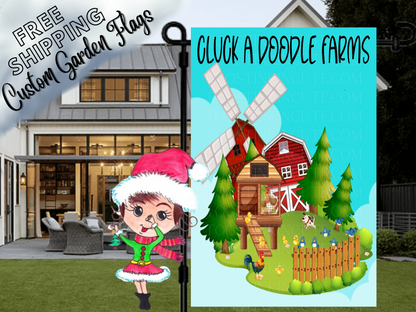 Cluck a Doodle Farms garden flag mockup with a red barn, windmill, chicken coop and picket fence on turquoise.