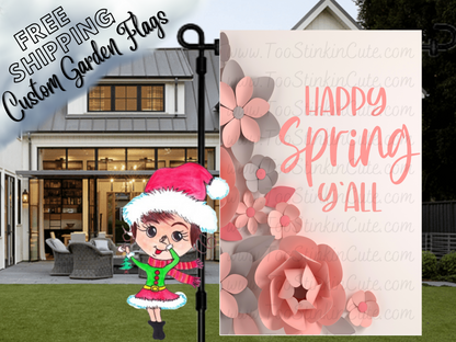 Happy Spring Y'all garden flag mockup with layered pink flower illustrations on a pale background.