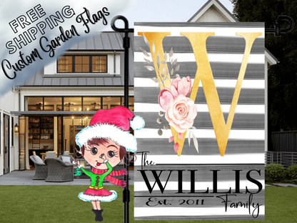 Striped garden flag mockup with a large gold W, pink flowers and Willis family name.