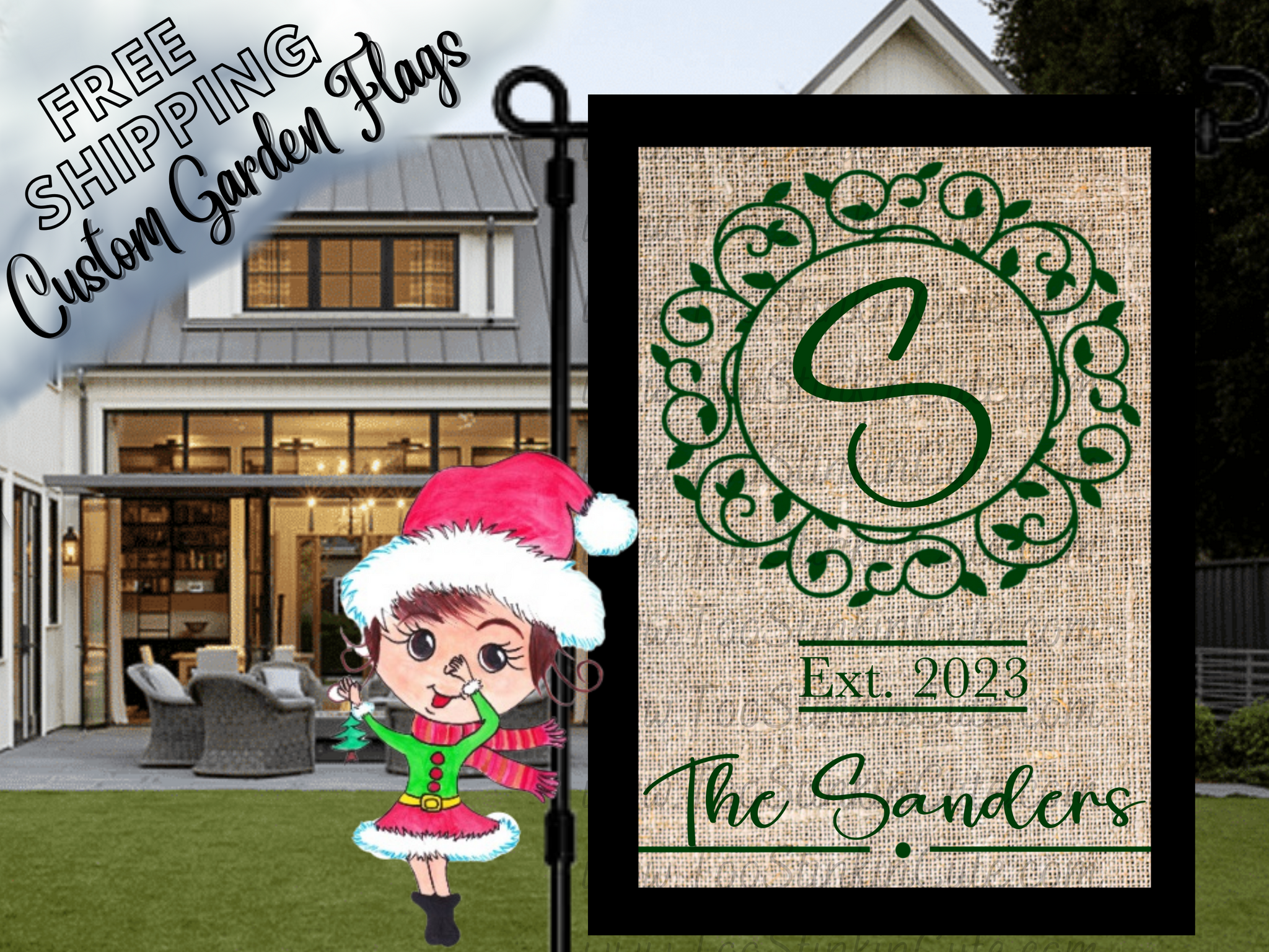 Custom Personalized Green Monogram Welcome Garden Flag|Monogram Housewarming Flag|Monogram Garden Flag|Burlap Monogram Welcome Family Flag