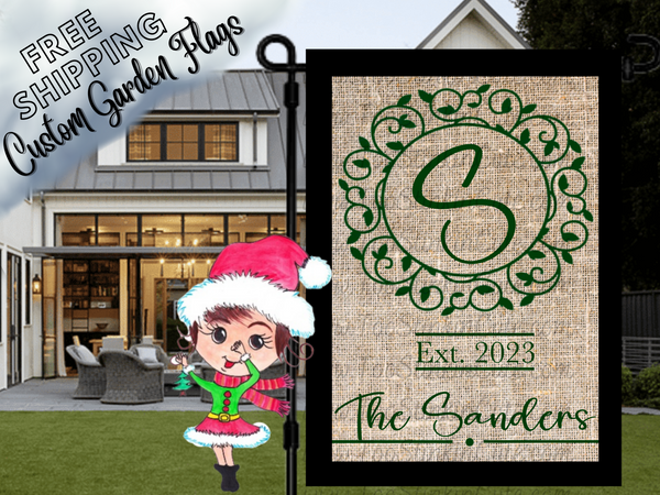 Custom Personalized Green Monogram Welcome Garden Flag|Monogram Housewarming Flag|Monogram Garden Flag|Burlap Monogram Welcome Family Flag
