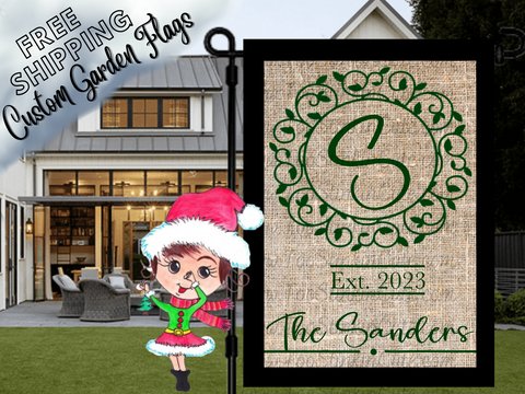 Custom Personalized Green Monogram Welcome Garden Flag|Monogram Housewarming Flag|Monogram Garden Flag|Burlap Monogram Welcome Family Flag