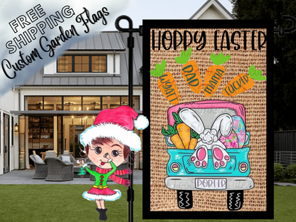 Burlap-look Happy Easter garden flag mockup with a turquoise truck, bunny feet, colorful eggs and named carrots.