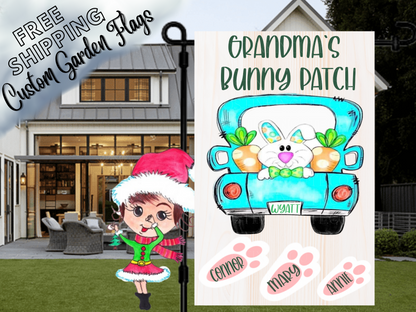 Grandma's Bunny Patch garden flag mockup with a bunny in a turquoise truck and names inside pink paw-print shapes.