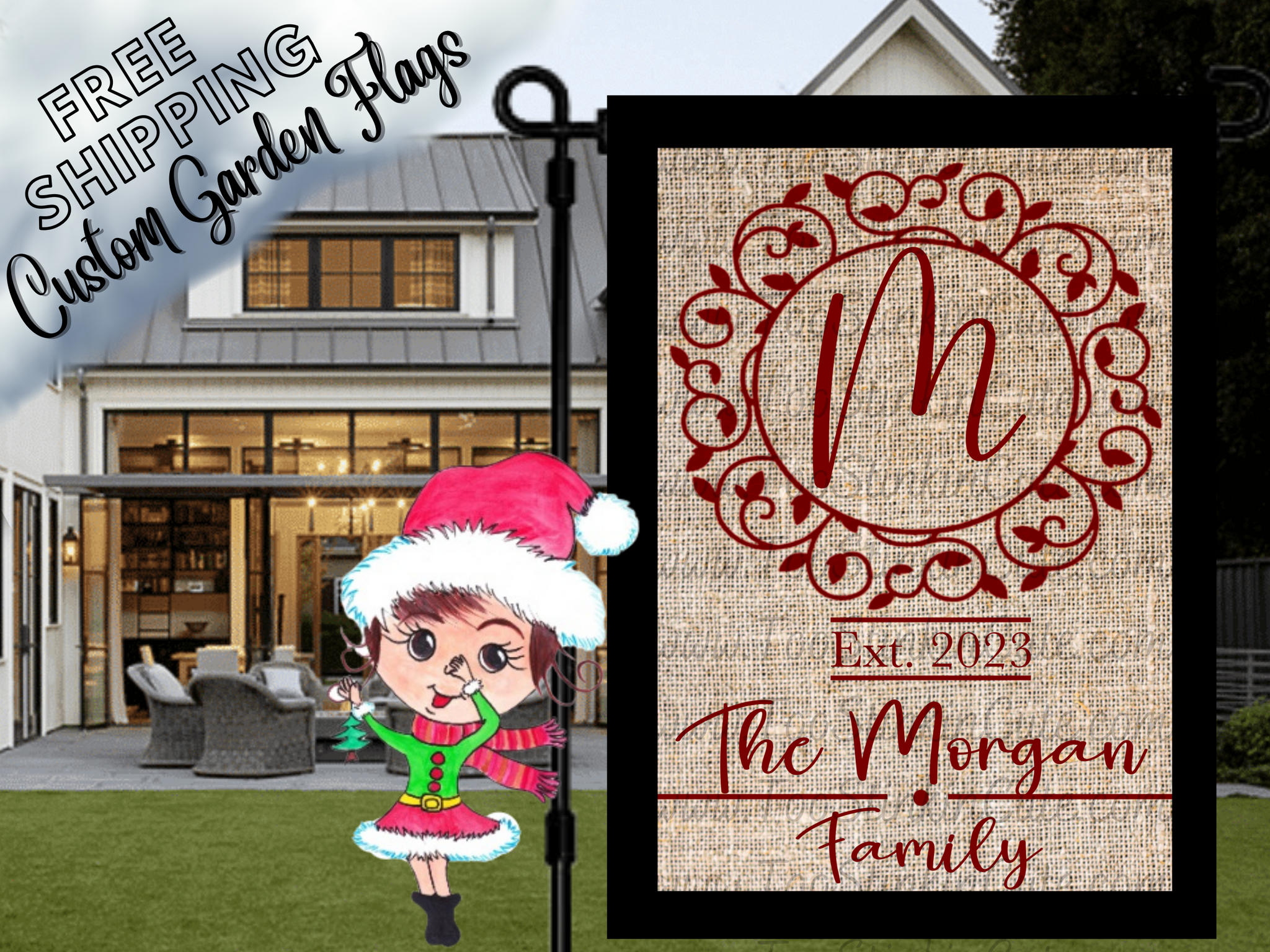 Custom Personalized Burgundy Monogram Welcome Garden Flag|Monogram Housewarming Flag|Monogram Garden Flag|Burlap Monogram Welcome Family
