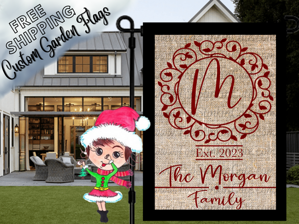 Custom Personalized Burgundy Monogram Welcome Garden Flag|Monogram Housewarming Flag|Monogram Garden Flag|Burlap Monogram Welcome Family
