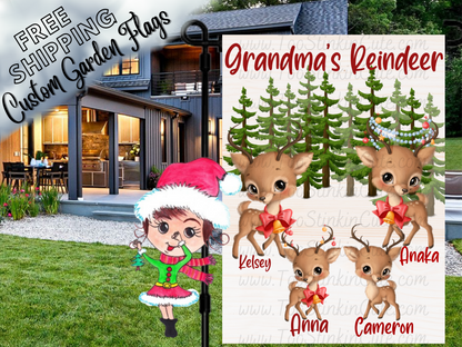 Grandma's Reindeer garden flag mockup with named cartoon reindeer and a pine-tree background.