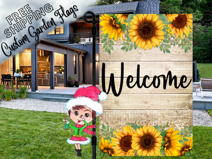Welcome garden flag mockup with yellow sunflower borders and greenery on a light wood-print background.