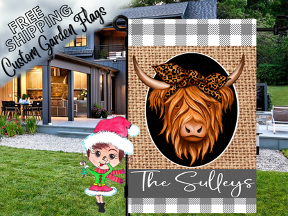 Garden flag mockup with a shaggy Highland cow, leopard-print bow, burlap-look background, gray check borders and family name.