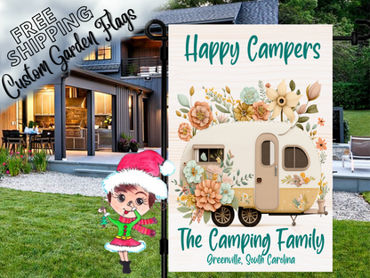 Happy Campers garden flag mockup with a cream camper, pastel flowers and green camping-family lettering.