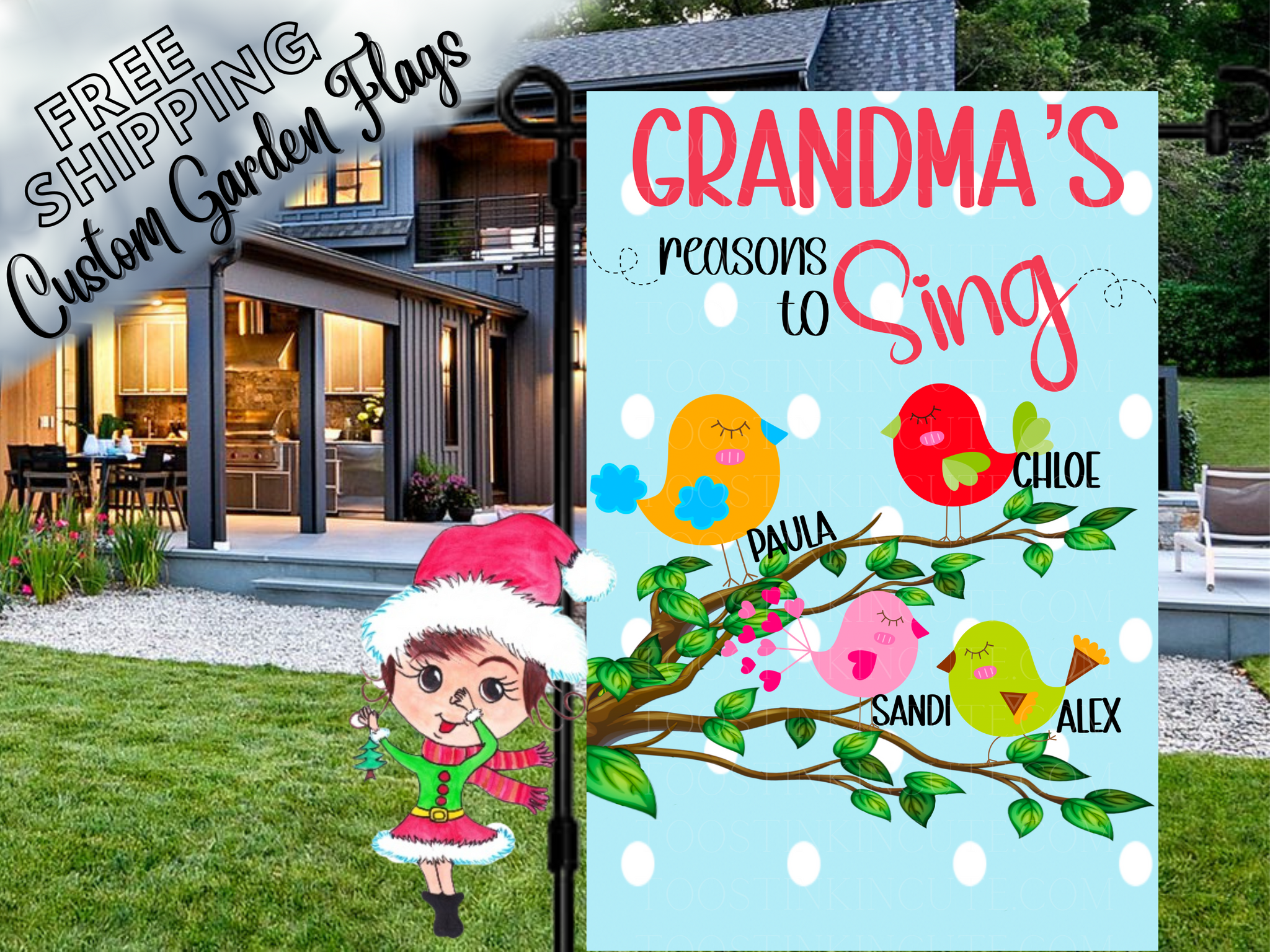 Personalized Grandma Flag,Grandma's Reasons to Sing,Mothers Day,Custom Name Flag,Grandchildren Gift,Custom Garden Flag,Bird Flag,Garden Bird