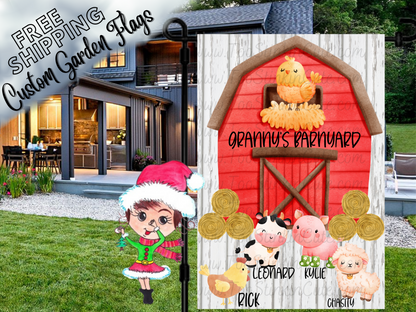 Granny's Barnyard garden flag mockup with a red barn, named farm animals, hay bales and white wood-print background.