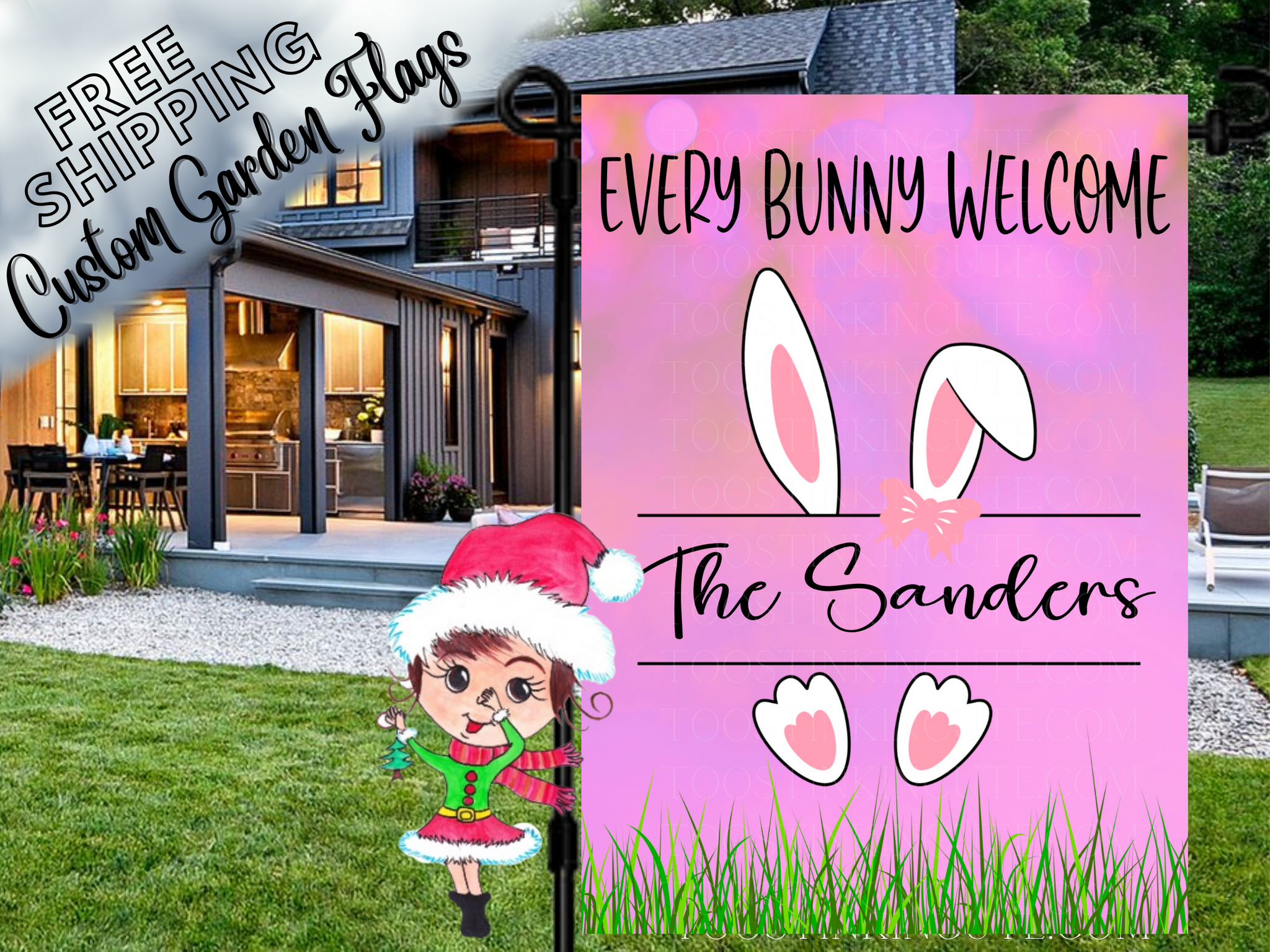 Personalized Pink Easter Bunny Ears Flag|Custom Easter Bunny Ears Garden Flag|Happy Easter Flag|Easter Garden Flag|Easter Address Flag|Bunny