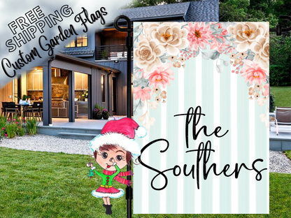 Southers family garden flag with cream and pink flowers across the top and a pale mint vertical stripe background.