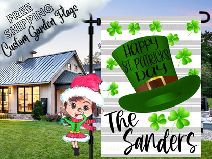 Happy St. Patrick's Day garden flag mockup with a green leprechaun hat, shamrocks, gray stripes and Sanders family name.